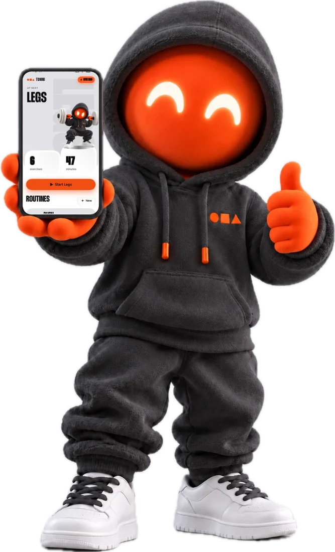 The Tchini mascot holds out a phone showing the workout tab, with a thumbs-up