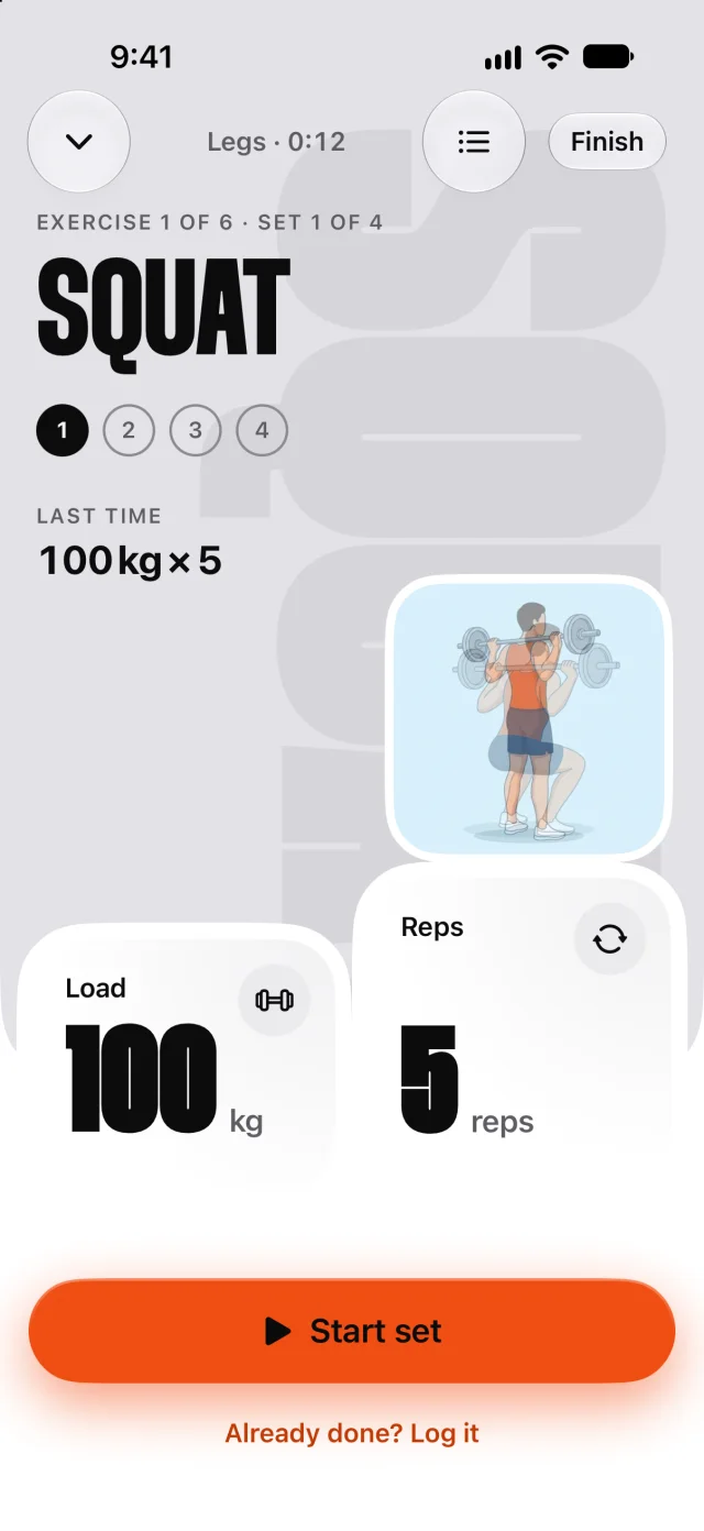 Tchini set screen: Squat, set 1 of 4, 100 kg for 5 reps